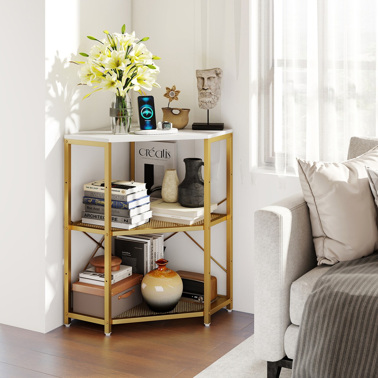 3-Tier Corner Printer Stand Adjustable Shelf with USB & AC Ports
